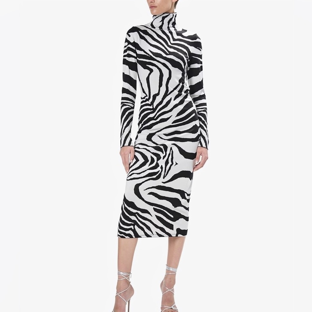Cavalli Black & White Zebra Print Turtleneck Midi Dress